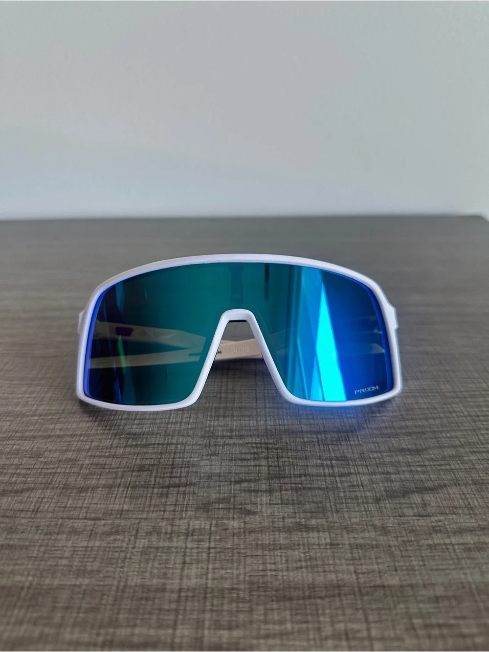Oakley Men’s White Shield Sunglasses with Blue Lenses